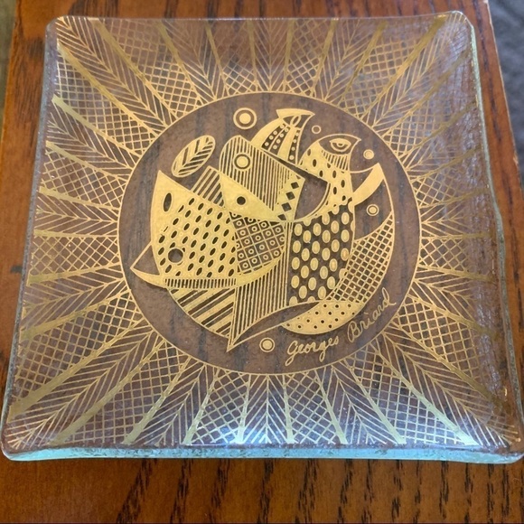 Mid Century Georges Briard Gold Etched Boxed Glass Plate Set | Set of 4 | Birds - Picture 2 of 8